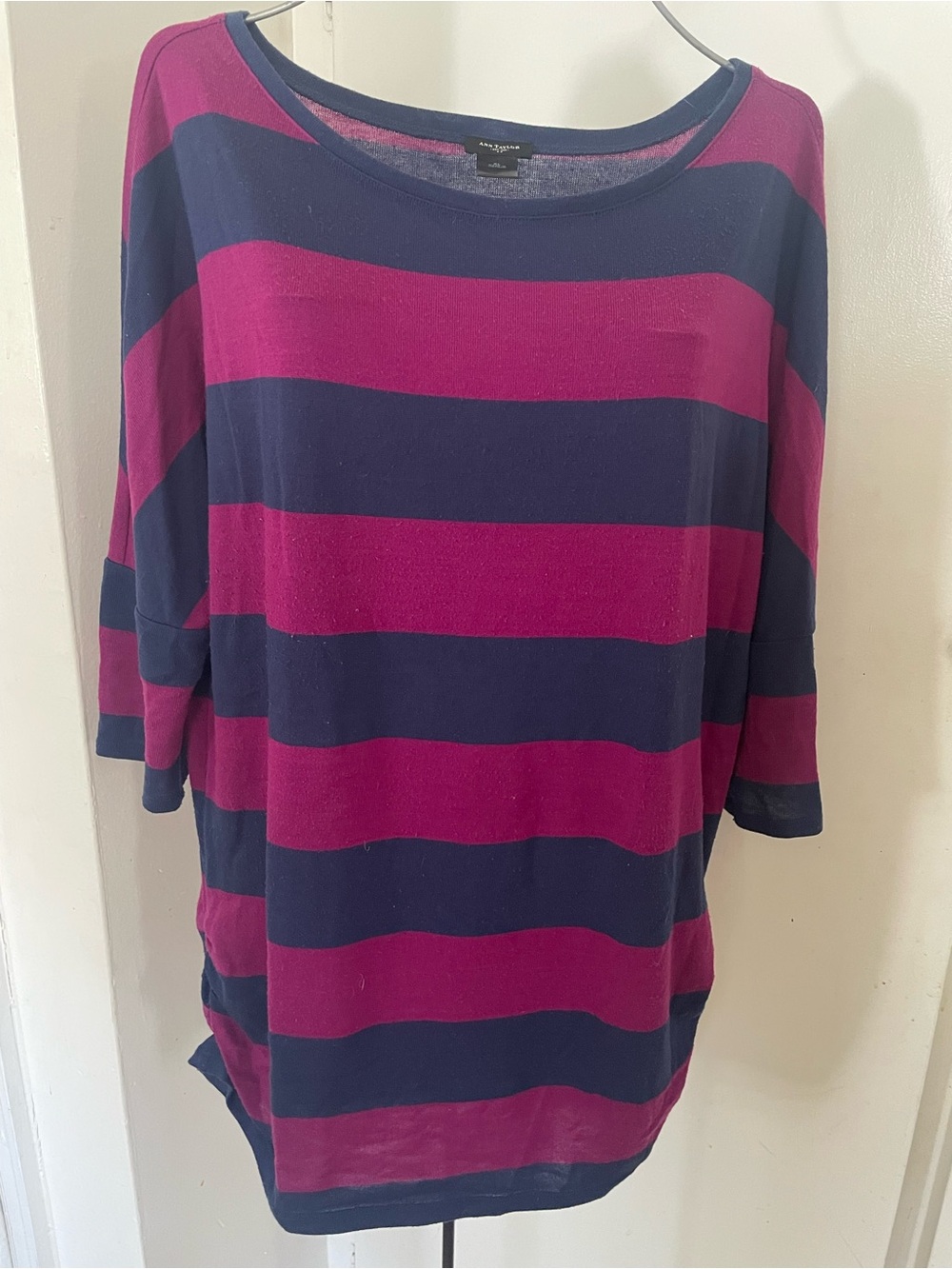 Anne Taylor Striped Jewel Necked Long Top - Navy & Magenta